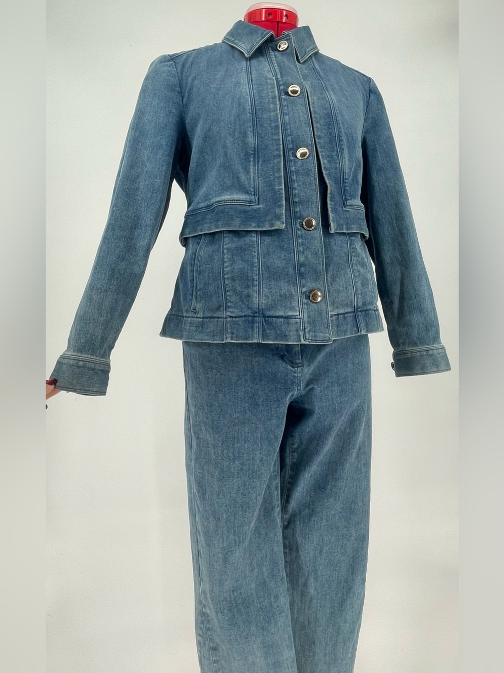 2 Piece Denim Set Per Se By Carlisle Pleated Jean Jacket & Straight Leg Jeans